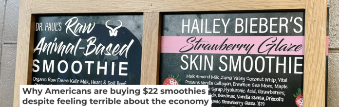 A selection of smoothies are listed in front of the high-end grocer Erewhon in Culver City, Calif., on July 17, 2024. Photo by Dania Maxwell/Los Angeles Times via Getty Images